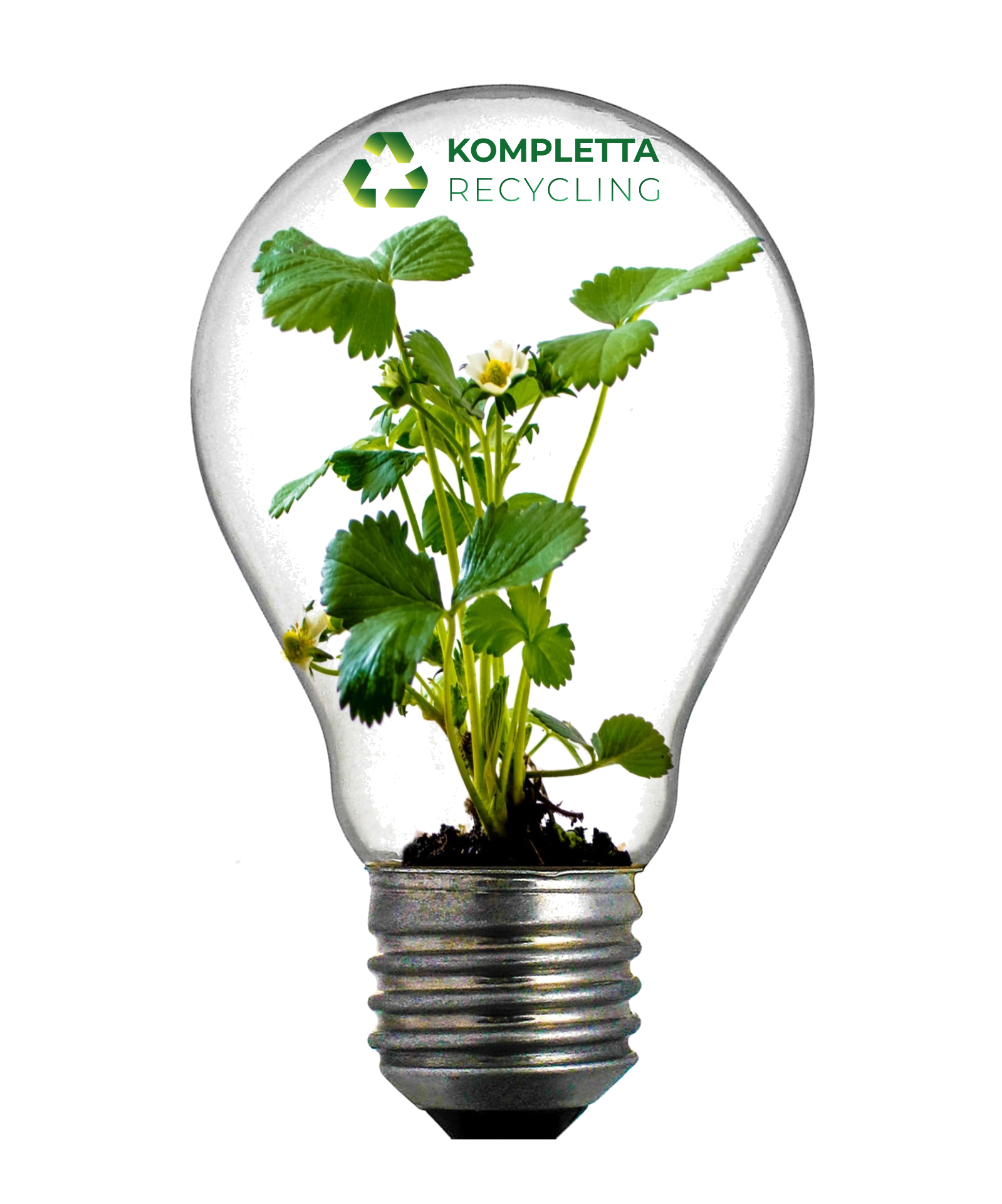Kompletta Recycling – hållbar återvinning symboliserad av en grön planta i en glödlampa